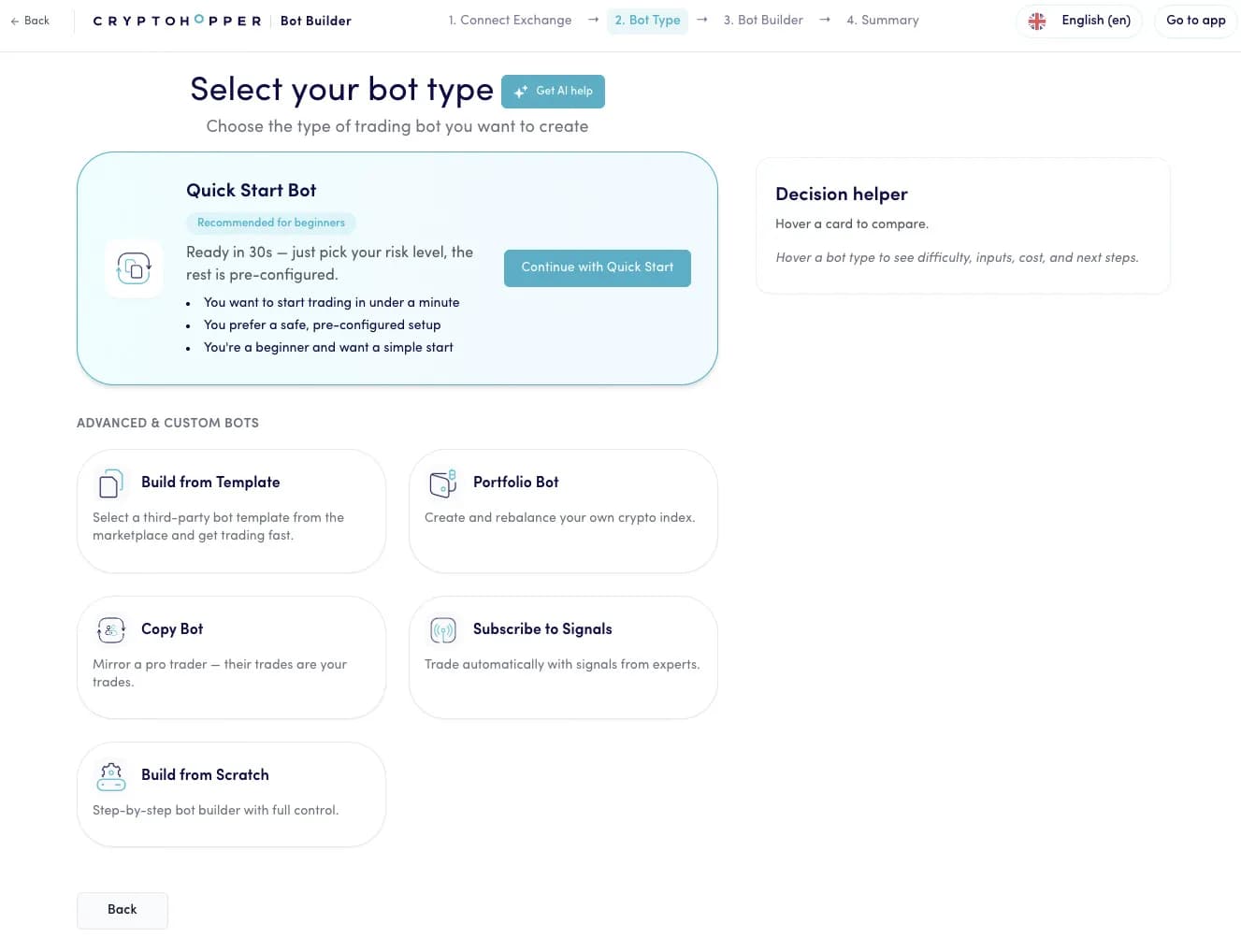 Cryptohopper bot builder interface