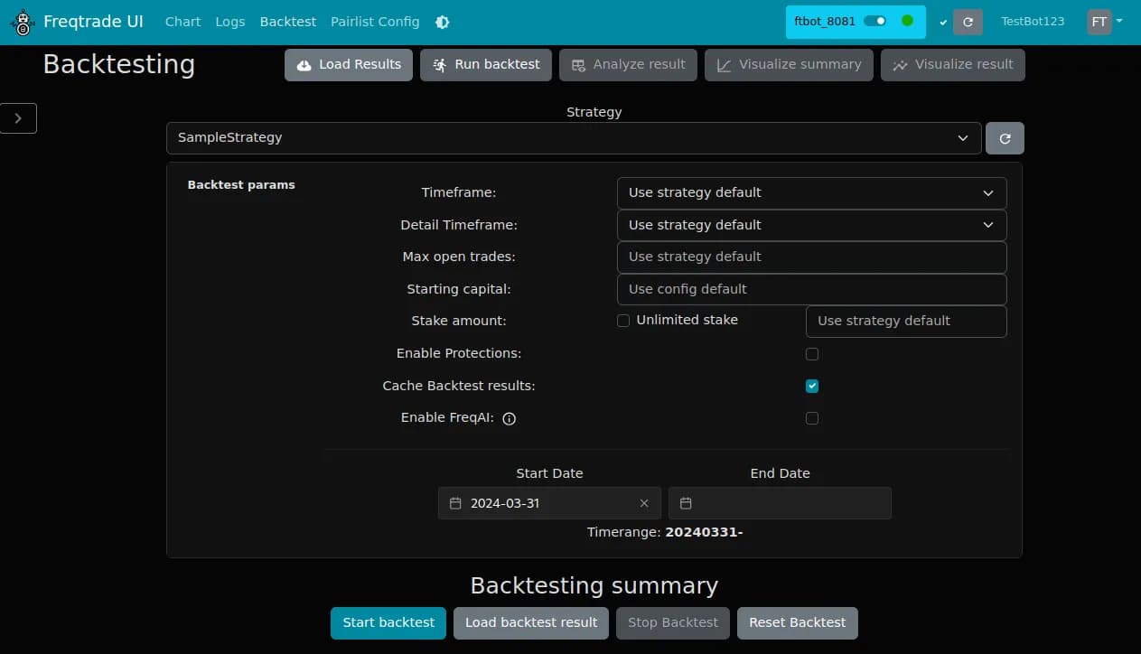 Freqtrade FreqUI Backtesting Dashboard