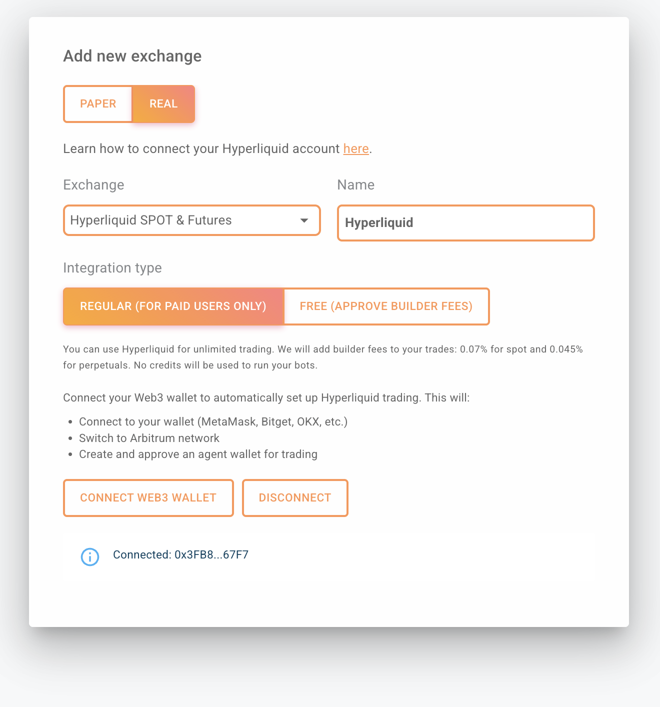 Connect to hyperliquid